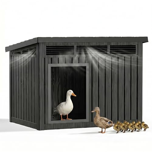 VIXZEN Chicken Coop, Resin PP Material Outdoor Duck House, Wood Grain Finish Sloped Roof Poultry Shelter, Gas Strut Top Opening Ventilated Duck Coop with Spacious Interior & Easy Assembly（Black） - color: Black, size: 42.9"L x 33.0"W x 31.6"H