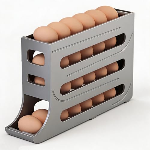 28 Egg Holder for Fridge, 4-Tier Auto Rolling Egg Organizer for Refrigerator, Gravity Slide Dispenser Rack, Space-Saving Storage (Grey) - color: Grey