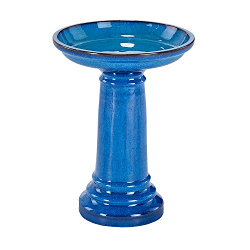 Smart Solar Aviatra Outdoor Ceramic Birdbath with Pedestal Stand and Glossy Finish, Elegant Traditional Birdbath for Garden, Blue - style: Aviatra
