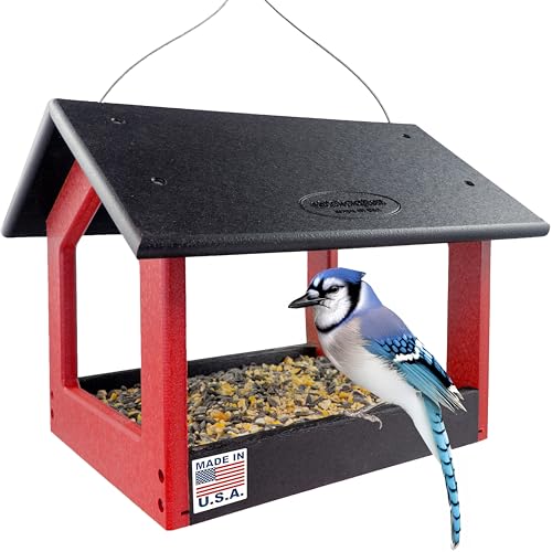 DutchCrafters Amish USA Made Recycled Plastic Large Hanging Modern Fly Through Covered Roof Open Platform Tray Bird Feeder for Outdoors, Garden, Yard (Black & Red) - color: Black & Red