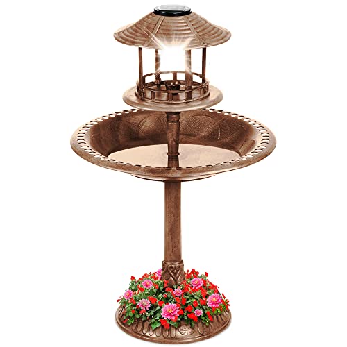Best Choice Products Solar Outdoor Bird Bath Vintage Resin Pedestal Fountain Decoration for Yard, Garden w/Planter Base, Feeder, Decorative Bird Cage, Fillable Stand - Bronze - color: Bronze