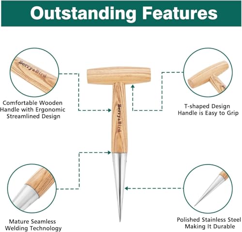Berry&Bird Hand Dibber, Stainless Steel Seed Planter Tool Bulb Planter Tool | Sow Dibbler with Wood Handle, Garden Hole Punch Dibber Tool for Planting Seeds & Bulbs, Flowers Tulips Daffodils Dahlias - size: 4.8''