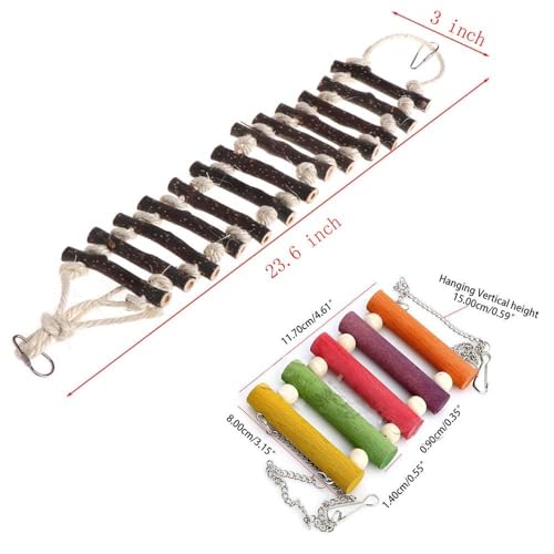 PINVNBY Bird Parakeet Toys, Bird Rope Ladder Swing Hammock Toys, Made of Natural Wood and Rope, Parakeet Cage Accessories for Parrot Budgie Conure Cockatiel (2 PCS) - color: Brown