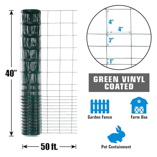 Fencer Wire Green Vinyl Coated 16 Gauge Rabbit Guard Fence, Poultry Outdoor Fencing Barrier Wire Roll for Garden Yard, Protecting Against Rabbits, and Other Small Animals Damage (40 in. x 50 ft.) - size: 40 in. x 50 ft., style: Green Vinyl Coated
