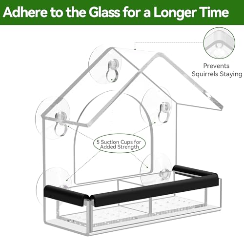 Clear Window Bird Feeder with 5 Extra Strong Suction Cups, DY-SKTY Sturdy and Durable Acrylic Birdfeeders for Viewing Wild Birds Outside, as a Bird Watching Gift, Outdoor Birdhouse Box, Garden Decor