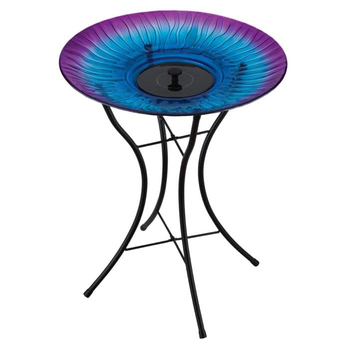 Regal Art & Gift Glass Bird Bath with Metal Stand, Outdoor Garden Decor | Purple, 18 in Bowl, Metal & Glass, Solar Fountain Pump, Easy to Fill, Weather-Resistant Decor for Patio, Porch & Garden - color: Purple