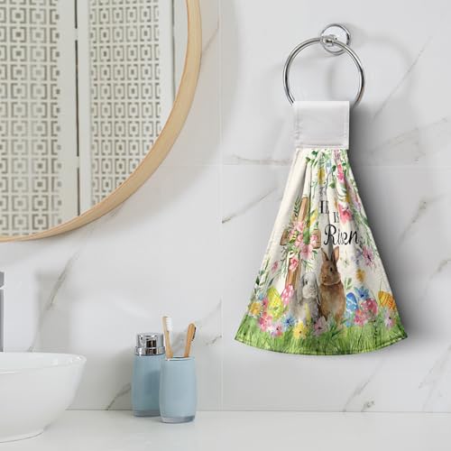 2 Pcs Easter Bunny Hanging Hand Towels He is Risen Rabbits Floral Cross Easter Eggs Kitchen Towels with Hanging Loops Spring Holiday Decorative Dish Cloth Kitchen Tie Towels - color: Easter He is Risen Rabbits