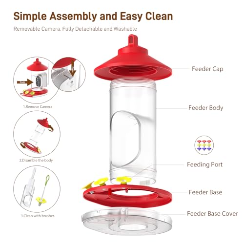 SOLIOM Hummingbird Feeder with Camera, Solar Powered 2K Smart Bird Feeder with AI Bird Identification, Auto Motion Detection, Ant Moat & Pole Mount, Ideal Gift for Hummingbird Lovers, 20 oz