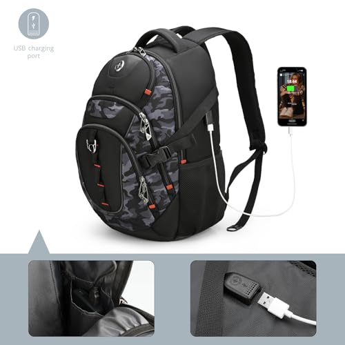 Swissdigital Design Laptop Backpack with USB Charging Port, Travel Backpack Fits 15.6 inches Computer, 31L College School Backpack for Men, Gray Camo | SD803-91 - color: Gray Camo