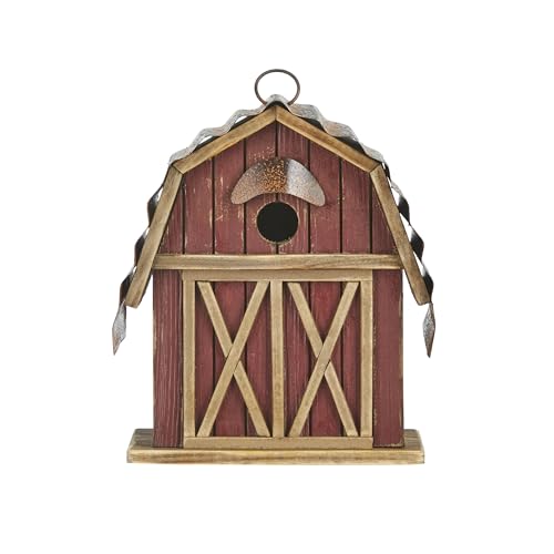 Glitzhome 10.25" H Hanging Birdhouse Washed Red Distressed Solid Wood Barn Decorative Outdoor Garden Bird House - color: Washed Red