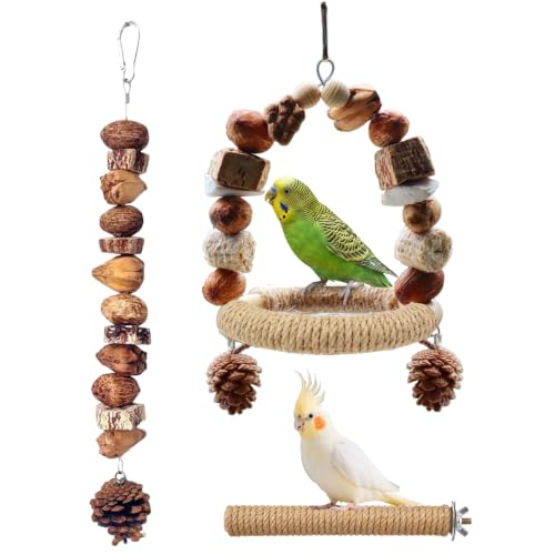 3Pcs Natural Bird Chew Toys, Hanging Bird Swing with Sisal Perch | Claw Grinding Non-Slip Grip Design, Saving Space, for Parakeet, Budgie, Cockatiel, Conure, Lovebird, Canary, Finch - color: swing+perch+chew
