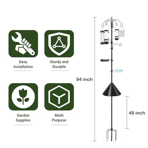 YINGYM 6-Hook Bird Feeding Station Kit with Squirrel Baffle, 94 Inch | Wild Bird Feeder Pole, Multi-Feeder Hanging Kit Stand with Bird Bath, Mesh Tray and Baffle Guard for Patio, Lawn & Garden - size: 94 Inches with Squirrel Baffle