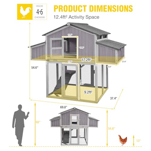Aivituvin Large Chicken Coop for 4-6 Chickens, Raised Outdoor Wooden Chicken House with Unique Folding Design, 2 Nesting Boxes, Easy Clean Pull-Out Tray, Waterproof Asphalt Roof - Grey - size: 69.8"L x 42.0"W x 54.6"H