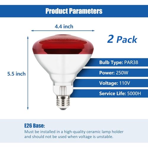 250W Heat Lamp Bulbs 1 Pack Infrared Heat Lamp for Chickens with E26 Socket and 5000 Hours Lifespan Heat Light Bulb for Pets Chicks Reptile Food Service Brooder Coop(2 Pack) - size: 2 Pack