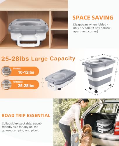 HOYTAMDAR 25-28lb Collapsible Dog Food Storage Container,Dog Food Container | Pet Food Storage Container with Airtight Lid,Wheels,Handle,Measuring Scoop&Small Container For Dog Cat Bird Seed - color: Grey-28lbs