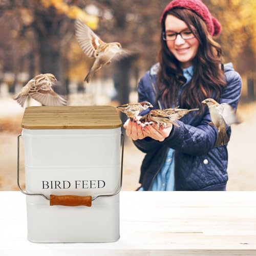 Morezi Bird Treat and Food Storage tin with Wooden lid and Scoop Included - White Powder - Carbon Steel - Birds Food bin - pet Food Container Storage Canister - color: White wood lid