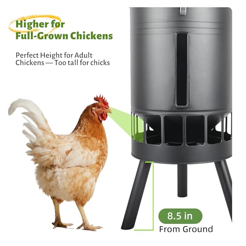 KOL 50LB Metal Chicken Feeder - No Waste, No Clog Design with 16 Ports & Smooth Gravity-Flow, Powder Coated Rust-Proof for Coop Use (Black) - color: Black