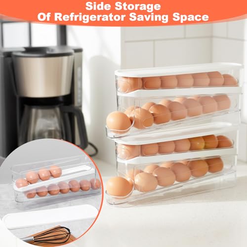 2 Pack Egg Dispenser for Refrigerator 4 Floors Eggs Holder for Fridges | Auto Rolling Fridge Egg Carton,14 Grid Space Saving Clear Eggs Storage Box,Rolls Stackable Container, with Lid for Kitchen