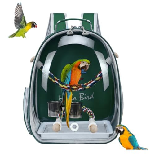 Bird Traval Carrier Cage Backpack for Carry Parakeet Cockatiel Parrot | Multi Vent Holes Clear Space Capsule Astronaut with Metal Tray Wood Perch, Vet Transport Book Bag (Green)