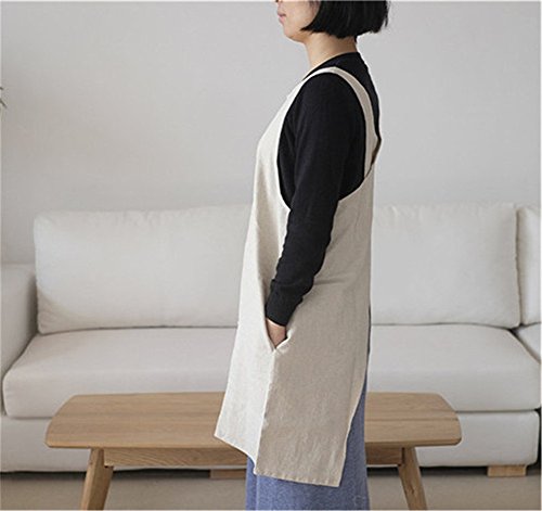 Cotton Linen Japanese Apron Halter Cross Back Bandage X Shape Aprons Two Pockets - color: Beige