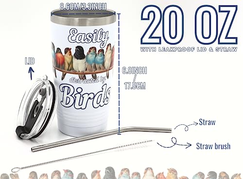 Onebttl Bird Watching Tumbler for Lovers & Watchers, 20oz Stainless Steel Insulated With Lid & Straw, Gift Card & Box Included, Birthday Gift - 360 White - color: White-Easily distracted by birds