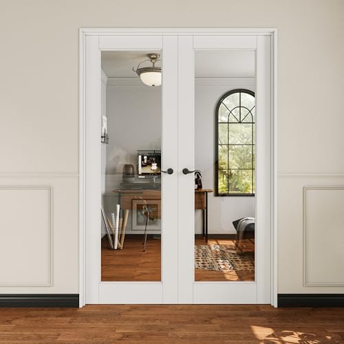 48x80 Interior French Door,1-Lite Clear Glass Doors,Living Room Doors | Matte Black Hardware-Privacy Door Lever with Lock, Latch&Hinges, Solid Core,Tempered Glass,No PreDrill,Jamb Assembly Required - color: Full Lite, Black Hinges, size: 48x80 for 50x82 o