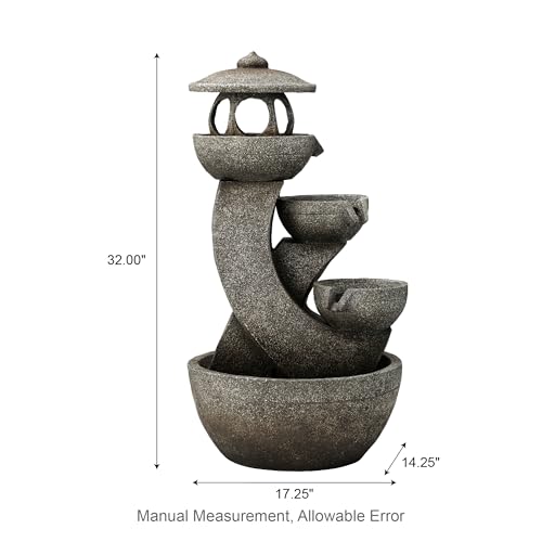 Glitzhome Pagoda Outdoor Water Fountain with LED Light, 4-Tier Oversized Cascading Stacked Stone Waterfall Fountains, Natural Stone Look Outdoor Fountain for Garden Patio Porch, 32”H - color: Pagoda
