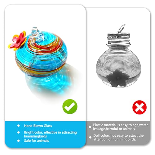 2 Pcs Blown Glass Hummingbird Feeder for Outdoors Hanging | Ant & Bee Resistant Window Bird FeederHandmade Garden Decor Gift for Women - Small Round Glass Feeders Bundle - color: Ellipse B2
