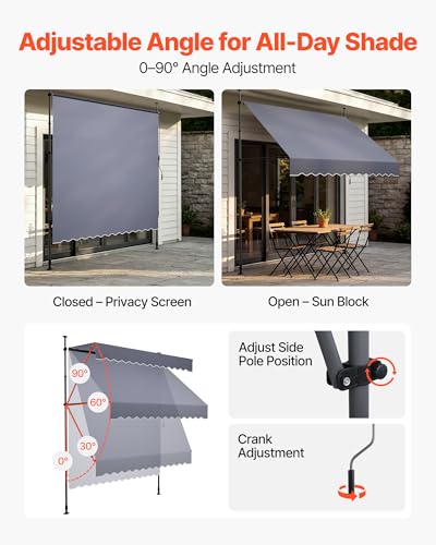 VEVOR Manual Retractable Awning, 98" x 59" Outdoor Patio Awnings Sunshade Shelter with 43"-59" Retractable Side Bar, No Drill Height Adjustable, Crank Handle for Backyard, Balcony, Dark Gray - size: 98x59 in