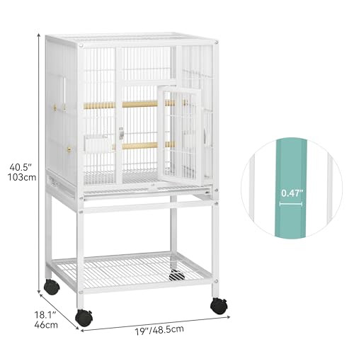 YITAHOME 41 inches Metal Bird Cage for Parakeets: Large Parrot Cages with Tray, Food Boxes, and Wooden Perches with Rolling Stand & Brakes for Lovebirds Cockatiels Pigeon Finches, White - color: White, size: 19.0"L x 18.1"W x 40.5"H