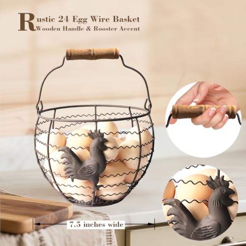 Wire Egg Basket for Gathering Fresh Eggs, Rustic with Rooster & Wood Handle | Vintage, Rusty Metal Open Weave, Backyard Chicken Keepers, Holds 24, Easter/Xmas Gift, Egg Collecting Basket, Kitchen Counter