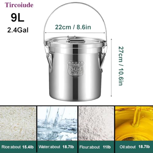 304 Stainless Steel Airtight Canister for Kitchen, 2.4Gal Food Storage Container with Lid and Locking Clamp Metal Bucket for Rice, Flour, Grain, Coffee Bean, Sugar, Cookie 9L (Handheld) - size: Handheld 9L/2.4gal