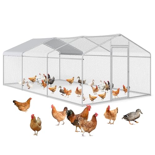 Large Metal Chicken Coop, Chicken Runs with Waterproof Cover, Walk in Poultry Cage for Yard with Hen House, Duck Coop and Rabbit Run(8.96'Wx18.9'Lx6.4'H) - color: Spire Roof, size: 3 units