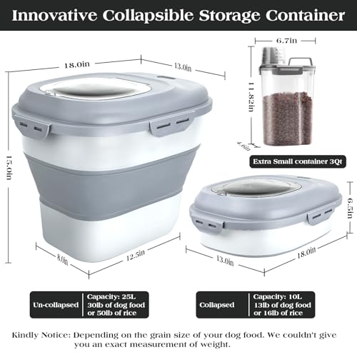 TIOVERY Dog Food Storage Container, Airtight Collapsible 13lb to 30lb Pet Food Container with Flip Top, Rolling Wheel, Scoop and 3L small container for Dog Cat Food and Dry Food of Rice, Flour - color: Grey