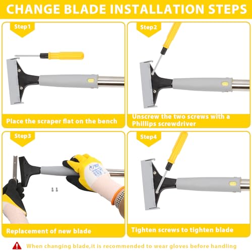 Floor Scraper Long Handle Heavy Duty, 31-61“ Long Handle Blade Scraper Tool with 10PCS Extra Blades 4 Inch stainless steel efficiently and quickly kitchen stickers windows cleaning. (55inch) - size: 61inch