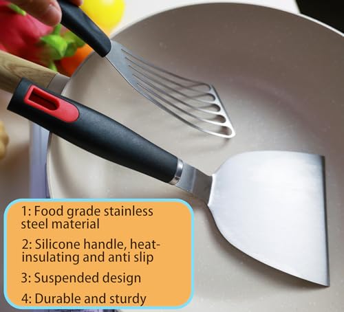 KLAQQED Spatula Set Stainless Steel Kitchen Metal Spatula for Cast Iron Skillet with Silicone Handle, Fish Spatula Turner Flipper for Pancake Burger Egg Cooking Spatulas BBQ Grill Griddle - color: White, Black