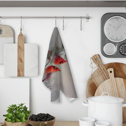 Winter Christmas Cardinal Snowy Woodland Kitchen Hand Towels,Red Bird Holly Berries Dish Towels for Kitchen Home,Vintage Rustic Winter Hand Towel Decorative Set for 2 - color: Color-16