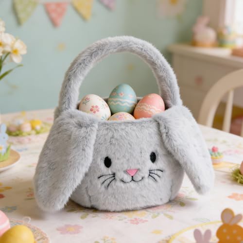 PRATIQUE Foldable Plush Easter Basket with Bunny Ears for Kids, Easter Egg Hunt Bucket with Handle, Cute Storage Bin for Candy, Toys & Gifts(Gery) - color: Gery
