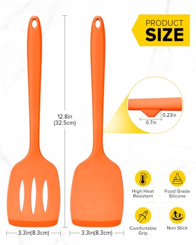 Pack of 2 Silicone Spatula Turners, Non Stick Slotted Kitchen Spatula Set, Heat Resistant BPA Free Kitchen Utensils, One-Piece Design, Suitable for Flipping Fish, Eggs, Steak, Pancakes (ORANGE) - color: Orange
