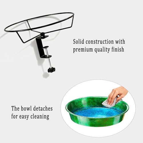 Metal Deck Bird Bath for Balcony Railing, Metallic Green & Blue 11.5” Bathing Bowl & Feeder with Adjustable Steel Clamp Outdoor Garden Decor Yard Art (0.7 Gallon) - color: Metallic Green/Blue