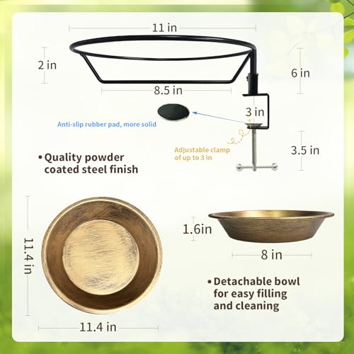 WANGIRO 11.4" Deck Mounted Bird Bath Metal Detachable Bowl Antique Bronze | Sturdy Clamp Easy Install, Detachable Bowl Easy Clean, Attracts Birds, Ideal Gift for Nature Lovers Garden Patio Decor