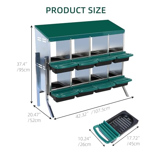 GarveeHome 2-Tier Chicken Nesting Box, 8 Compartment Metal Chicken Laying Boxes with Waterproof Roof ＆ Removable Trays for Hens, Poultry，Easy Egg Collection - color: Green, size: 47.2"L x 17.7"W x 35.4"H