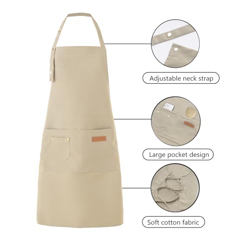 Tosewever Art Aprons for Women Painting Pottery Baking, Mens Buckle Straps Kitchen Apron with Pockets for Chef Cooking - color: Beige