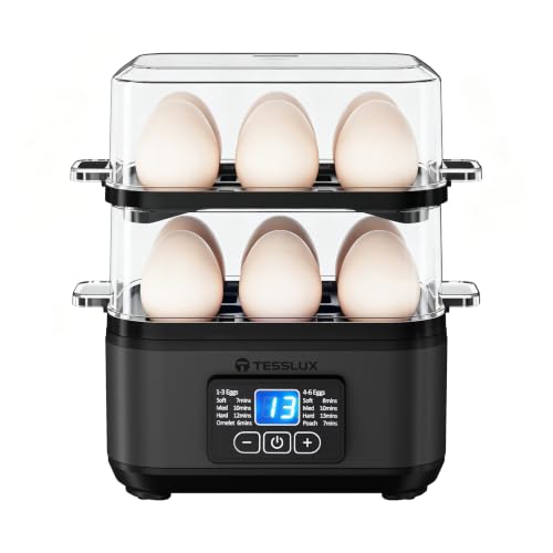 Tesslux Egg Cooker, Dual Layer 12 Egg Boiler, Soft Hard Poached, Black | LED Countdown Timer, Touch Control, Poaching Bowl, Omelet Maker, Two Trays, Vegetable Steamer, Auto Shut-Off, Buzzer Alert - color: Black