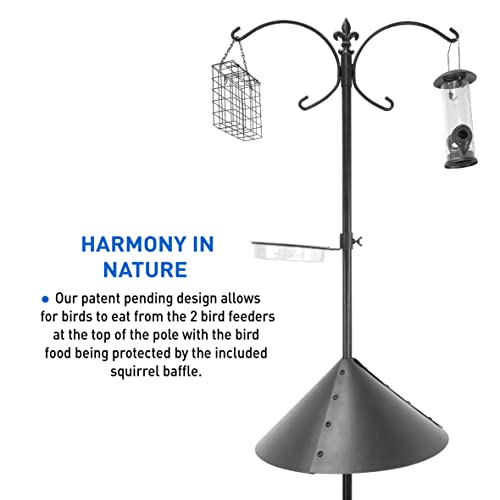 EasyGo Product Squirrel Proof Bird Feeder Wild Bird Station - Powder Coated 81 Inch Steel Pole Squirrel Baffle 2 Bird Feeders 1 Squirrel Peanut Feeder - 5 Prong Base PATENTS PENDING