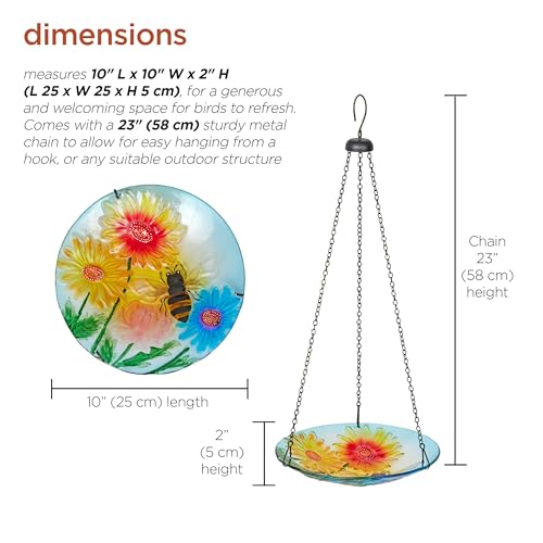 Alpine Corporation KBD126 Outdoor Hanging Glass Bird Feeder and Birdbath, Floral and Bee Bowl Design with Chain, 10" W - style: Floral and Bee
