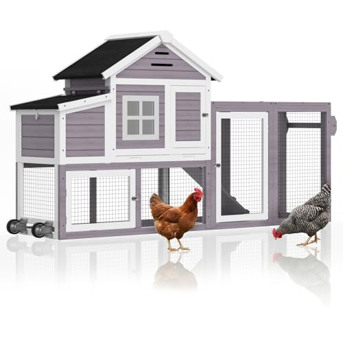 Chicken Coop with Run, Mobile Chicken Coop with Wheels for 4-6 Chickens, Large Outdoor Hen House with Nesting Box, Weatherproof Asphalt Roof, Pull-Out Tray for Small Animals in the Backyard - color: Grey