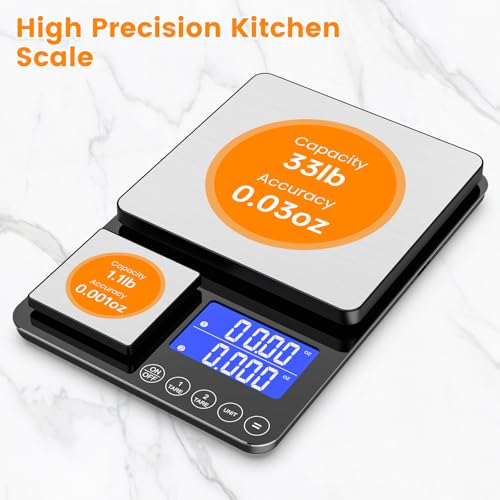 KKZ 0.001oz/33lb Kitchen Scale, Dual Platform Food Scale Grams and Ounces | Rechargeable, for Weight Loss Baking Cooking Meal Prep Sourdough Bread, Stainless Steel, Auto-off, Tare&Summation Functions - size: Rechargeable version