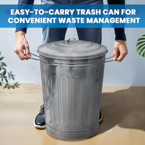 Plexon 13 Gallon Outdoor Metal Trash Can with Lid Vintage Trash Can Steel Retro Garbage Can for Patio Farmhouse Rustic Bird Seed Storage Pet Food Ash Bucket, Galvanized Steel - color: Silver