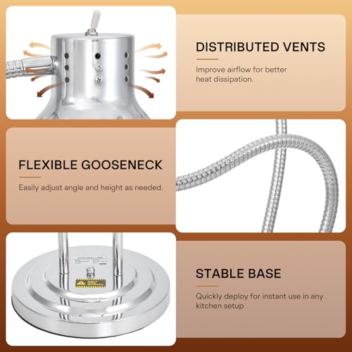 2-Head Food Heat Lamp, 500W Commercial Food Warmers, Silver | Keep Food Warm, Adjustable Heads, Portable Heat Lamp for Food, Food Warmers for Parties Buffet, Restaurant, Kitchen, Catering - color: Silver